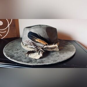 Vegan Suede olive Hat with Feather and Scarf Detail